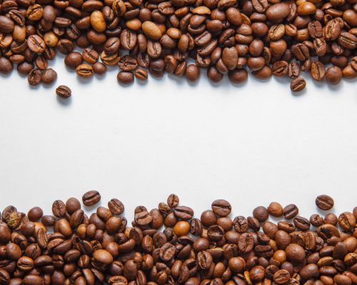 Coffee beans top view on a white background space for text